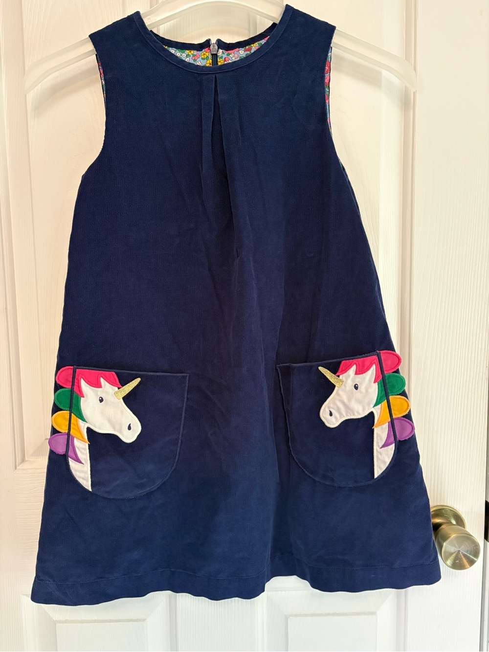 Little Boden Girls Navy Unicorn Pocket Corduroy Dress